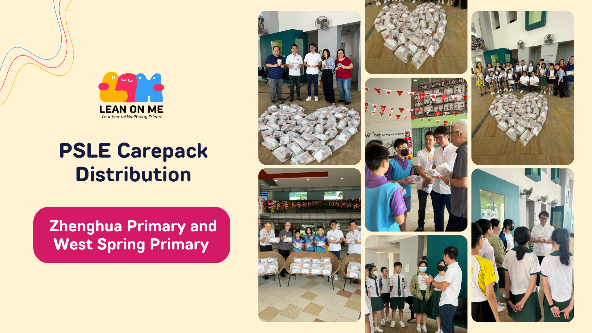 Collage of photos showing PSLE carepack distribution at two primary schools, with carepacks arranged in a heart shape.